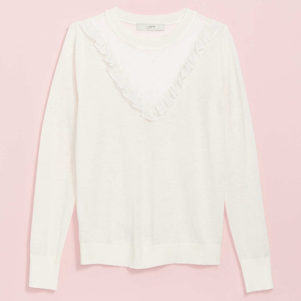 LOFT ruffled yoke round neck slim fit sweater, medium, white